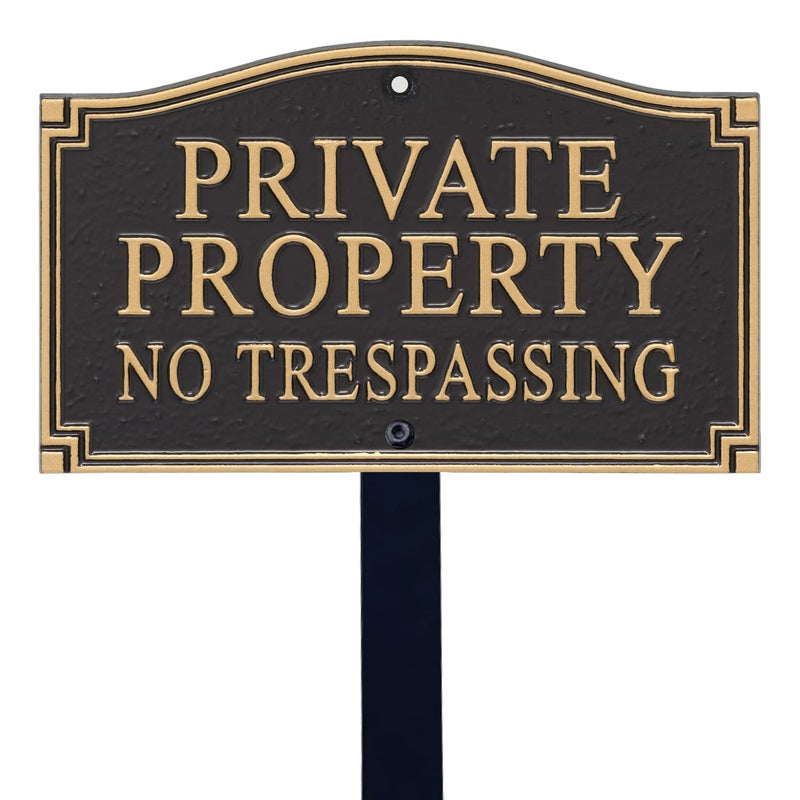 SmartSign Private Property No Trespassing Metal Plaque - GardenBoss Statement Yard Sign 5.75" x 9.5" Solid Heavy Duty Cast Aluminum Plaque with 18" Black Lawn Stake, Made in USA - Image 1